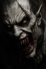 Obraz premium Vampire Portrait with dripping blood from his lips. Halloween horror concept. Vintage, scratched, worn look. Ai Generative