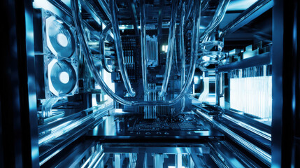 open server chassis exposing motherboard technician gloves absent focus on hardware cool blue lighting illustration concept scene visual for commercial design use high detail quality stock image