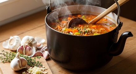Aromatic homemade lentil soup simmers, infused with garlic and herbs
