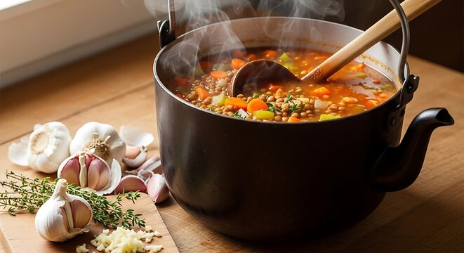 Aromatic homemade lentil soup simmers, infused with garlic and herbs