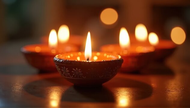Diwali's Golden Glow: Photorealistic Diya Lamps in a Dreamlike Setting