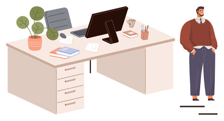Spacious desk with monitor, books, potted plant, and stationery, accompanied by a standing professional figure. Ideal for workspace, productivity, organization, business modern office career
