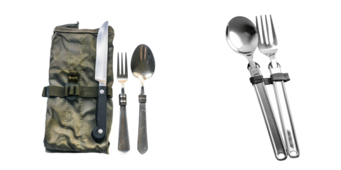 Vintage camping cutlery set with knife fork spoon in a cloth bag