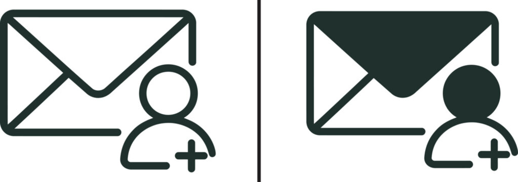 Email and Connection: The image presents two digital icon of email associated with person and symbol plus. perfect for illustration a new contact or digital invitation.