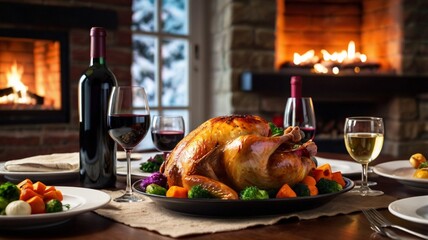 A festive Christmas dinner table with roasted turkey, colorful vegetables, mashed potatoes, and wine glasses, glowing fireplace in the background.