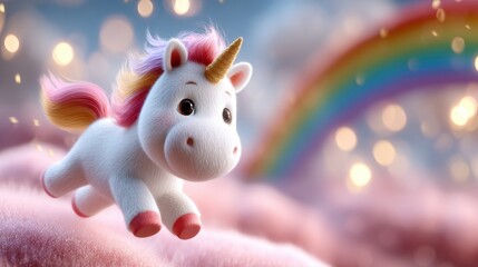 Colorful unicorn flying over fluffy clouds with a vibrant rainbow in the background during a sunny day