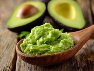 Close-up of freshly mashed avocado on a wooden spoon, with a smooth and rich texture
