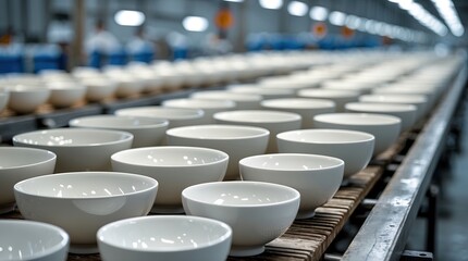 Obraz premium Rows of White Ceramic Bowls on Production Line: Scale and Precision of Manufacturing