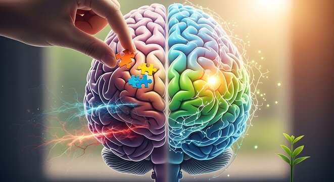 A conceptual look at brain function, contrasting the logical left hemisphere with puzzle pieces against the vibrant, creative right hemisphere
