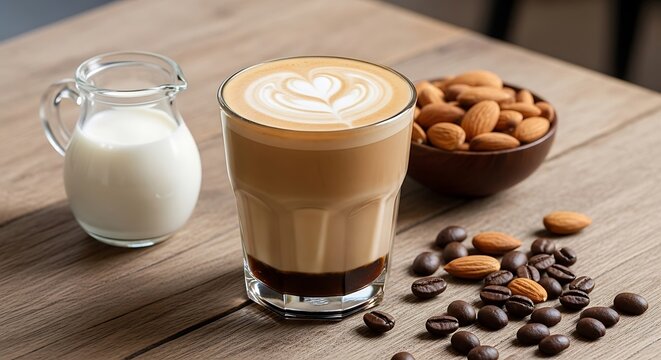 Creamy latte art with milk, almonds, coffee beans for break time