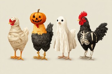 Fototapeta premium Four whimsical chickens dressed in Halloween costumes stand together. The costumes include a pumpkin head, mummy wrap, ghostly white, and skeleton.