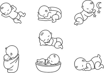 Sleeping Baby Icon Set – Cute Newborn Sleep Vector in Line Style