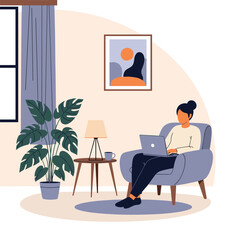 Woman working from home comfortably seated in a cozy armchair with laptop and plant