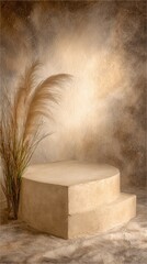 A beige, textured, tiered platform sits in a soft, muted brown and beige  backdrop, accented by tall pampas grass.