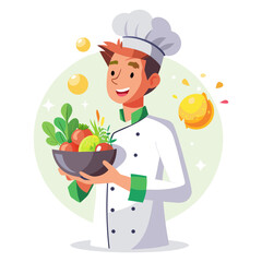 Creative vector illustration of male chef holding salad bowl with glowing vegetables, healthy cooking, nutrition, restaurant, culinary concept design