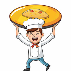 Creative vector illustration of a male chef flipping a giant omelette over his head in clean, commercial style