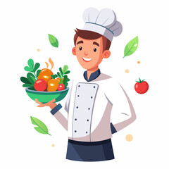 Creative vector illustration of male chef holding salad bowl with glowing vegetables, healthy cooking, nutrition, restaurant, culinary concept design