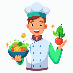 Creative vector illustration of male chef holding salad bowl with glowing vegetables, healthy cooking, nutrition, restaurant, culinary concept design