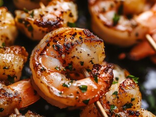 Close-up of grilled shrimp skewers with garlic butter and herbs