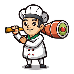 Creative vector illustration of male chef holding sushi roll like telescope, fun Japanese cuisine concept design for stock and branding