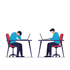 Two men working on laptops one is tired and slumped over the other is focused and productive