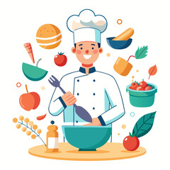 Creative vector illustration of male chef mixing ingredients in a floating bowl, modern culinary art, professional kitchen concept design