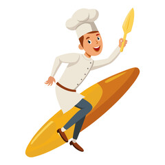 Creative vector illustration of a male chef surfing a giant baguette bread like a surfboard, fun food-themed artwork