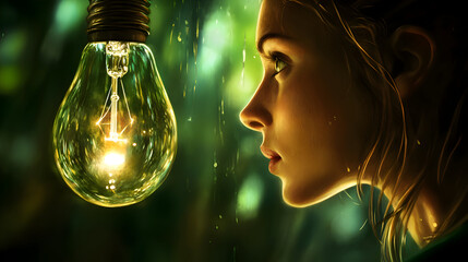 A woman staring at a lightbulb, but the light is trapped inside a glass cage, never able to shine freely