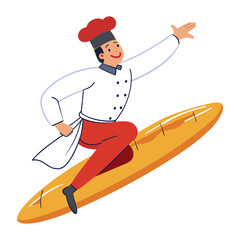Creative vector illustration of a male chef surfing a giant baguette bread like a surfboard, fun food-themed artwork