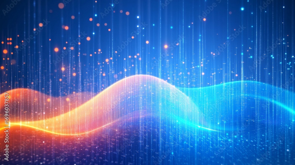 Poster dynamic visualization of technological processes in orange and blue for creative data connectivity