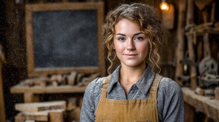 Professional carpenter woman demonstrating skill and craftsmanship in wood workshop full of sawdust