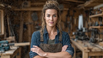 Professional carpenter woman showcasing skill craftsmanship in wood workshop with sawdust atmosphere