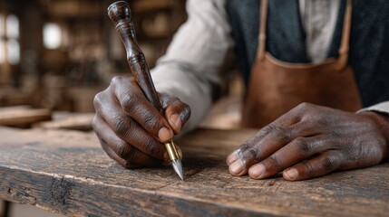 Professional carpenter showcasing skillful wood craftsmanship in a workshop environment