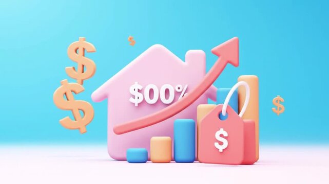 3D illustration of a house with an upward arrow, price tag, and dollar signs, representing financial growth.