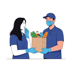 Illustrating a delivery person wearing a mask and gloves handing over groceries to a customer also wearing a mask and gloves