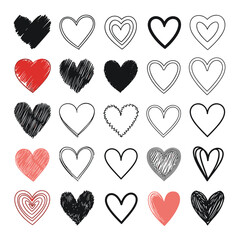 Collection of diverse hand drawn heart shapes and styles for romantic designs