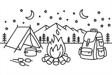 Vector Line Art of Camping in the Forest with Stars and Moon