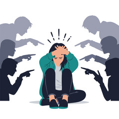 Girl surrounded by pointing figures feeling anxious and overwhelmed by judgment and criticism