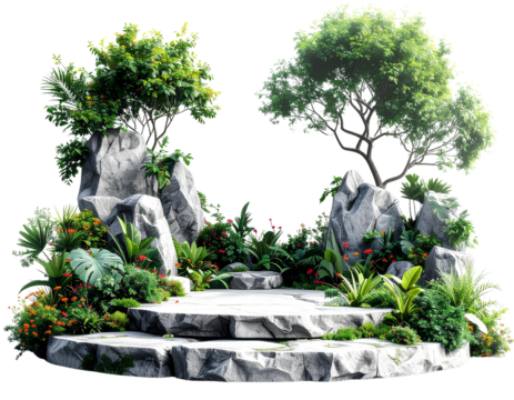  Firefly_ Stone podium platform in garden plants natural scenery, For Presentation display cos