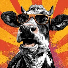An artistic portrayal features a cow donning stylish sunglasses set against a bold, colorful backdrop. The cow exudes a cool demeanor and charm.