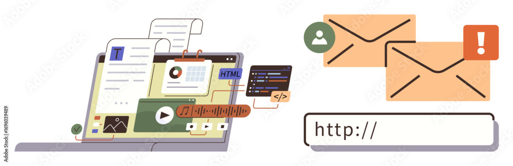Poster open laptop displaying multimedia content, code snippets, and documents alongside email icons and a 