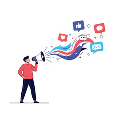Digital marketing campaign spreading awareness across social media platforms through megaphone