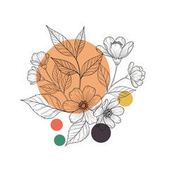 Delicate botanical illustration with abstract geometric elements and color swatches