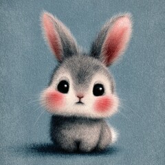 Cute fluffy rabbit with big eyes sitting against a soft blue background highlighting its adorable features