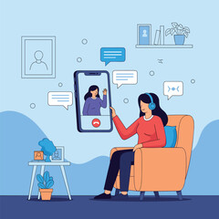 Online communication and virtual connection through a mobile phone video call with headphones and a comfortable chair