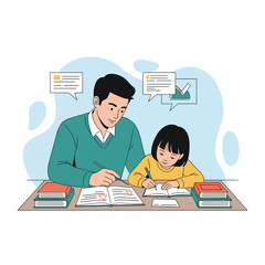 A caring father patiently guides his young daughter through her homework and learning together