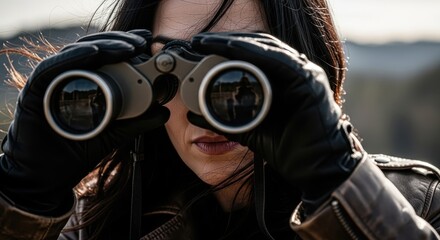 Obraz premium Woman Looking Through Binoculars, Surveillance, Observation