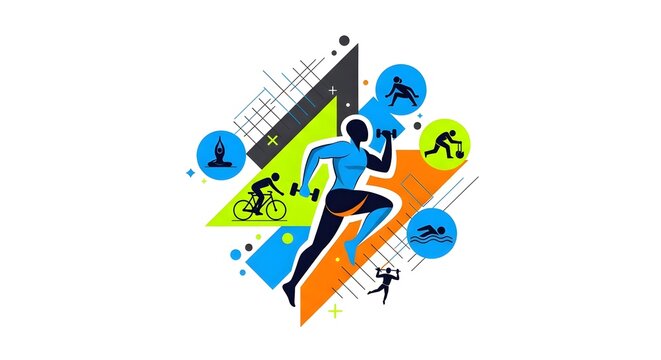 Dynamic sports concept illustration featuring a runner and icons for various athletic disciplines in a modern graphic style