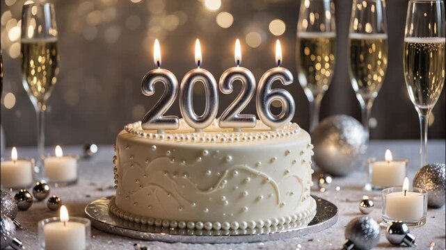 Elegant white cake decorated with pearls and "2026" candles, surrounded by champagne glasses, candles, and silver ornaments in a festive celebration setting.