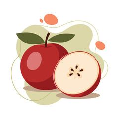 Vibrant fresh red apple and its delicious juicy slice with green leaves